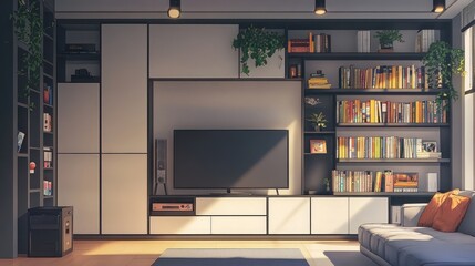 Fototapeta premium Modern living room with built-in shelving, TV, and sofa.
