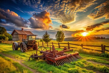 Obraz premium Rustic Polish Countryside: Rusty Farm Equipment by Wooden Fence at Sunset