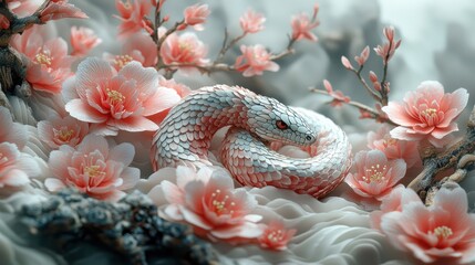 Obraz premium Coiled Snake Surrounded by Delicate Floral Patterns in Soft Colors