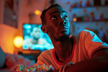 Obraz premium Generative AI Image of a Person Watching a Movie at Home with Vibrant Cinema Ambiance