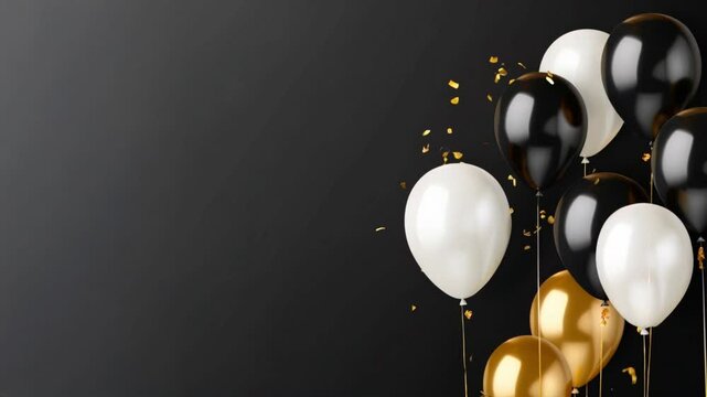 Black, white and gold balloons with confetti.