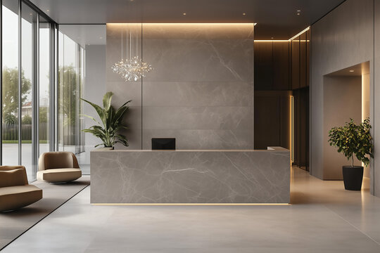 Modern reception area with a sleek marble desk, designer seating, and a dramatic chandelier. Neutral tones with metallic accents create a lasting first impression.