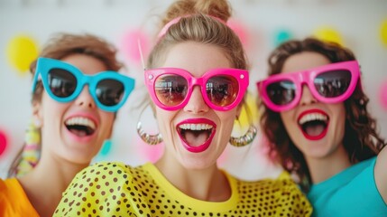 Obraz premium Three smiling women wear colorful sunglasses and vibrant outfits, radiating joy against a bright, festive backdrop.