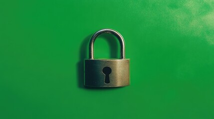Shiny metal padlock lying flat on a vibrant green background, minimalist aesthetic.