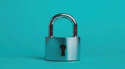 Shiny steel padlock with a reflection on a bright cyan background, crisp and modern.