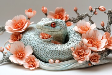 Fototapeta premium Coiled Snake Surrounded by Delicate Floral Patterns in Soft Colors