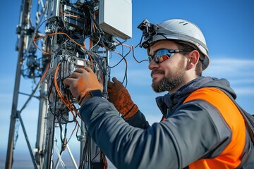 Technician works on communication tower during clear day