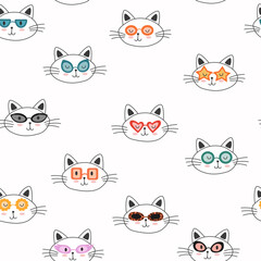 Seamless pattern made with cute cats in sunglasses. Surface design for clothes, stationery, nursery, cat lovers.