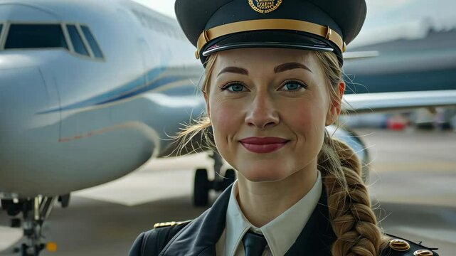 Confident pilot poses in uniform with an aircraft at the airport terminal during the daytime