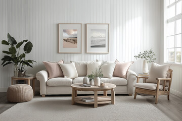 Home interior, Nordic-inspired living room featuring pale oak furniture, white walls, and soft pastel accents in cushions and decor. Indoor plants add freshness.