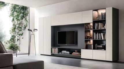 Modern minimalist media unit with integrated shelving and TV.
