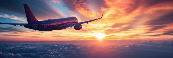 An airplane flying against a stunning sunset sky, symbolizing adventure and the joy of exploration.