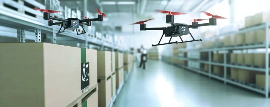 Drones in Warehouse Carrying Out Inventory Tasks