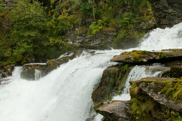 Vigorous water flows over rocks, embraced by lush greenery, creating a serene atmosphere.