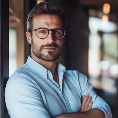 Fototapeta premium A stylish bearded man with glasses stands confidently, hinting at intellect and modern trends in his attire.