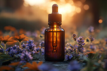 Amber bottle of essential oil among blooming wildflowers at sunset. Natural herbal remedy concept. Wellness and aromatherapy theme.