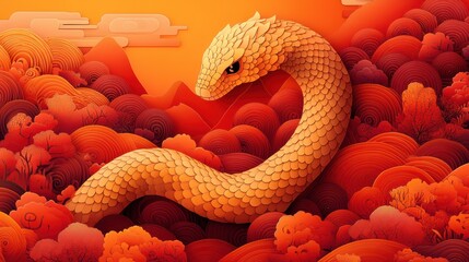 Fototapeta premium Golden Snake Slithering Through Vibrant Red Landscape Artwork