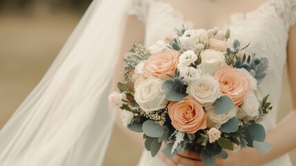 A bride holding a beautiful bouquet of pink and white roses, accented with greenery, with soft lighting and a flowing veil in the background.