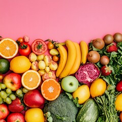 A Fresh fruits and vegetables arranged on pink background, showcasing vibrant colors and variety
