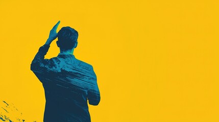 A silhouette of a person waving goodbye against a vibrant yellow backdrop, conveying a sense of farewell and departure.
