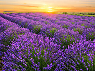 Obraz premium A stunning lavender field in full bloom, stretching across the landscape under a golden sunset, casting warm light across the purple flowers, creating a contrast with the green leaves