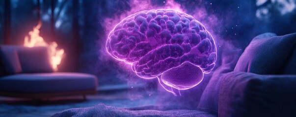 Fototapeta premium A glowing digital brain surrounded by purple mist, symbolizing intelligence and creativity