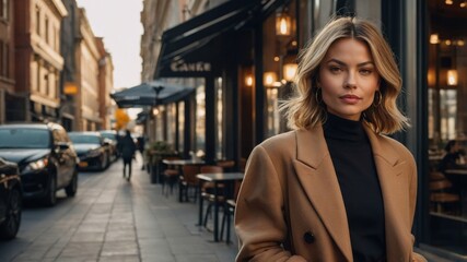 Obraz premium Confident woman walking through a vibrant urban street during golden hour, showcasing contemporary fashion in a lively atmosphere