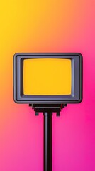 A modern lighting fixture emitting a vibrant yellow glow against a gradient pink background, showcasing a sleek design.