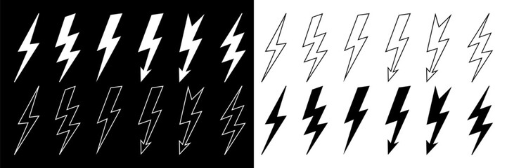 Lightning icon set. Line and glyph flash sign. Outline thunderbolt symbol.