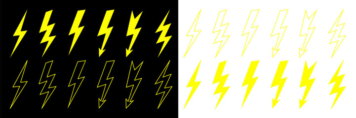 Lightning icon set. Line and glyph flash sign. Outline thunderbolt symbol.