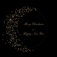 Beautiful elegant Christmas wreath. White wreath with golden snowflakes in dark background. New Year greeting, postcard.