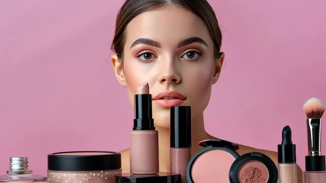Exploration of beauty products with a model showcasing makeup techniques and skin care tips in a soft pink setting