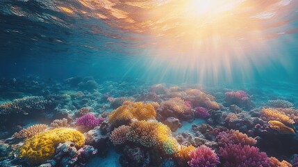 Obraz premium Vibrant coral reef underwater with sun rays.