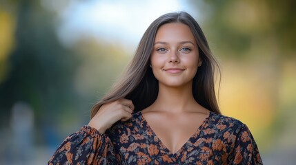 Naklejka premium Portrait of Young Woman with Long Hair in Natural Outdoor Setting