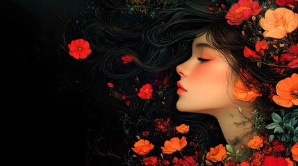 Captivating Floral Embrace An Art Nouveau Inspired Digital of a Dreamlike Feminine Portrait