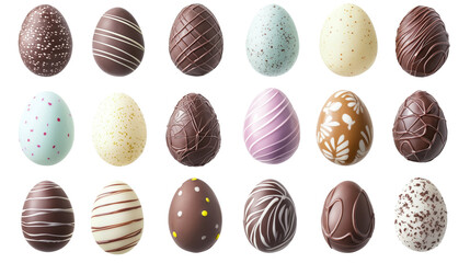 Assorted chocolate Easter eggs with decorative patterns in vibrant colors isolated on a transparent background