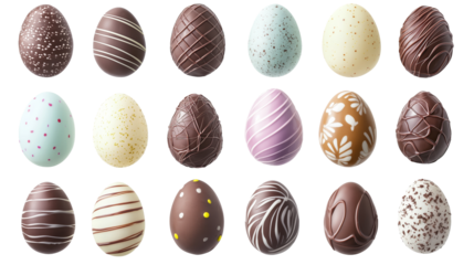 Assorted chocolate Easter eggs with decorative patterns in vibrant colors isolated on a transparent background