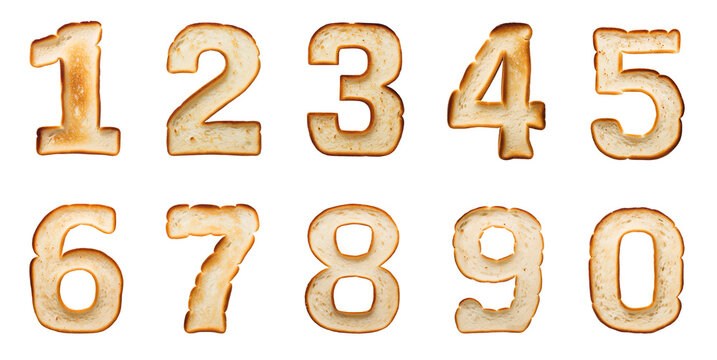 A set of numbers 0 to 9 made of toasted bread numbers on a transparent background.