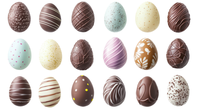 Assorted chocolate Easter eggs with decorative patterns in vibrant colors isolated on a transparent background