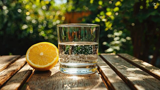 a glass of water and a lemon on an empty table in the garden. Selective focus