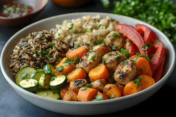 A healthy and delicious meal of grilled chicken, roasted sweet potatoes, zucchini, and wild rice in a vibrant bowl