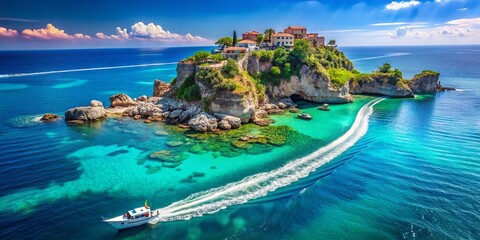 Fototapeta premium Secluded Calabrian Island: Boat Wake & Turquoise Waters - Southern Italy Stock Photo