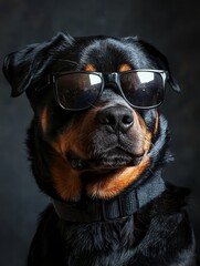 Rottweiler Cool:  A Rottweiler dog with a serious expression dons stylish sunglasses, exuding an air of cool confidence and playful charm. The dark background amplifies the dog's striking features.