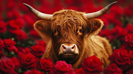 scottish highland cow with horns and red roses as valentine background