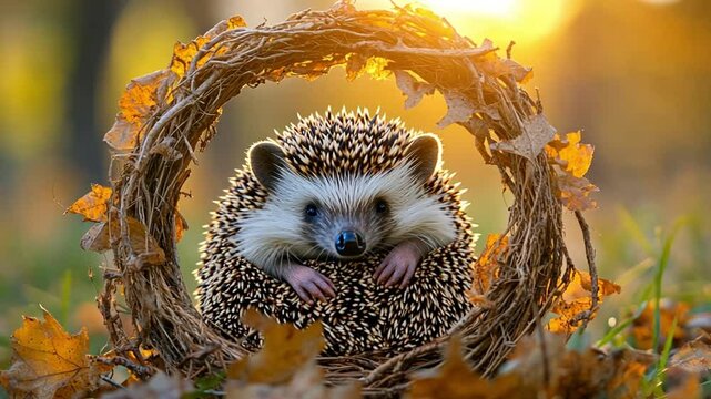 A hedgehog nestled in a circular twig frame surrounded by autumn leaves and soft sunlight footage
