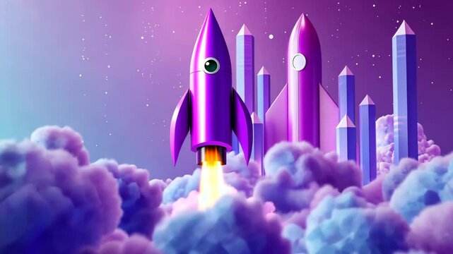 Colorful rocket launching amidst vibrant clouds and crystal formations in a dreamy atmosphere