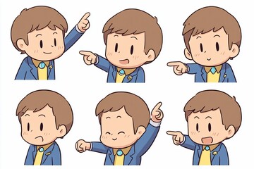 Obraz premium Boy pointing, diverse expressions, white background, illustration, website