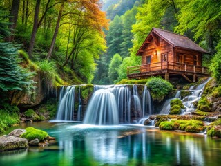 Serene Floating Cottage by Waterfall, Lush Tree View - Stock Photo