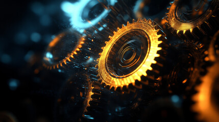 Hologram of gears. Holographic projection settings. Flickering energy flux of particles. Scientific design technology.