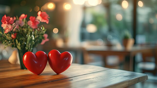 Valentine's Day table setting with two hearts in a cozy café, creating a romantic invitation for a date. Space available for text